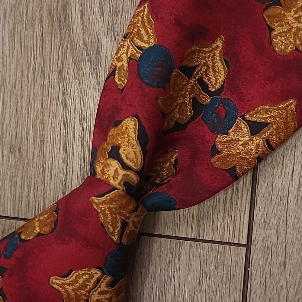 POLO Ralph Lauren Dark Red Tan Floral Pattern USA Mens Silk Hand Made Tie VTG